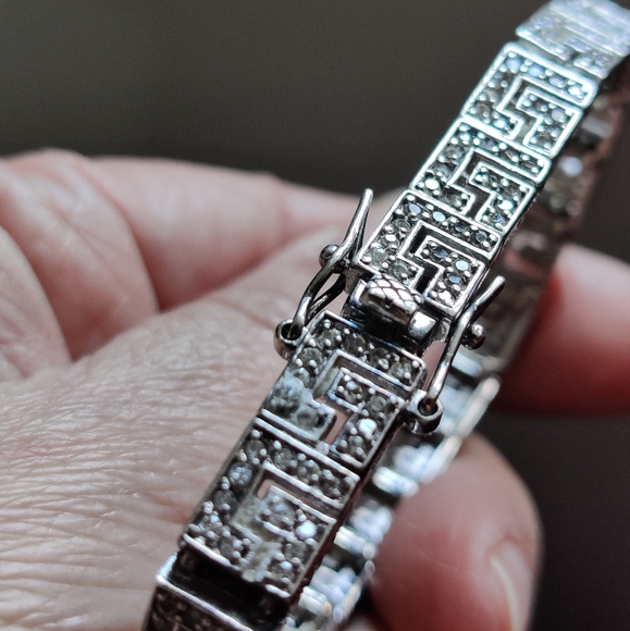Sterling Silver and Clear Crystals Bracelet with Geometric Greek Key Design - Picture 4 of 16